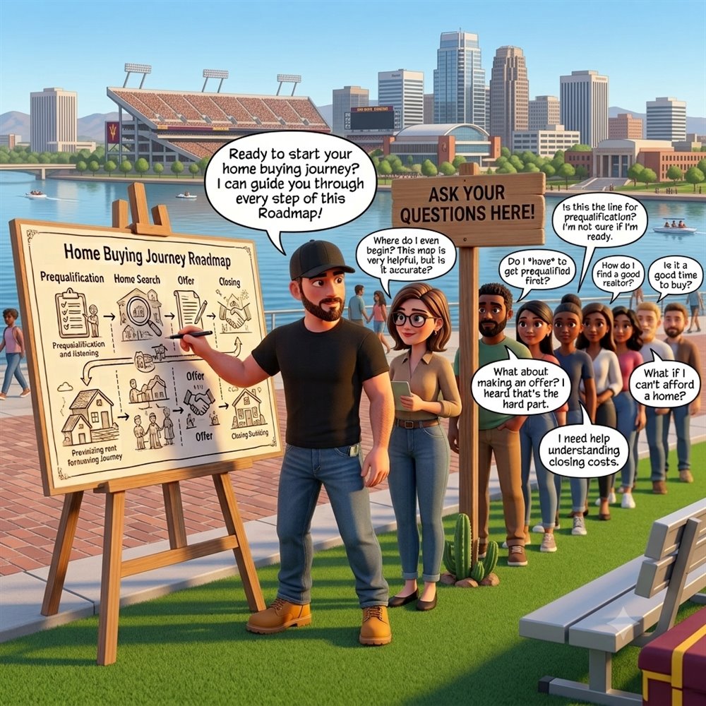 A friendly Arizona mortgage guide at an easel showing a Home Buying Journey roadmap — prequalification, home search, offer, closing — while a line of curious first-time buyers ask their questions on Tempe Town Lake