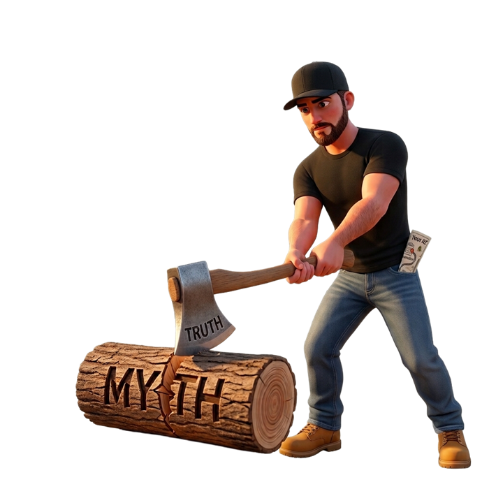 A truth-wielding axe splitting a myth log in two