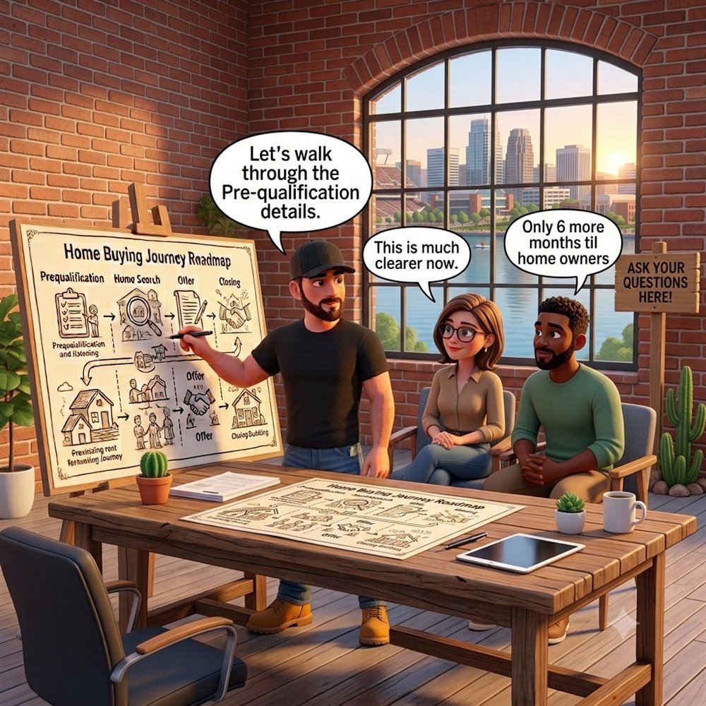 An Arizona mortgage guide walking a seated couple through the prequalification details on a Home Buying Journey roadmap, helping them build a plan to become homeowners